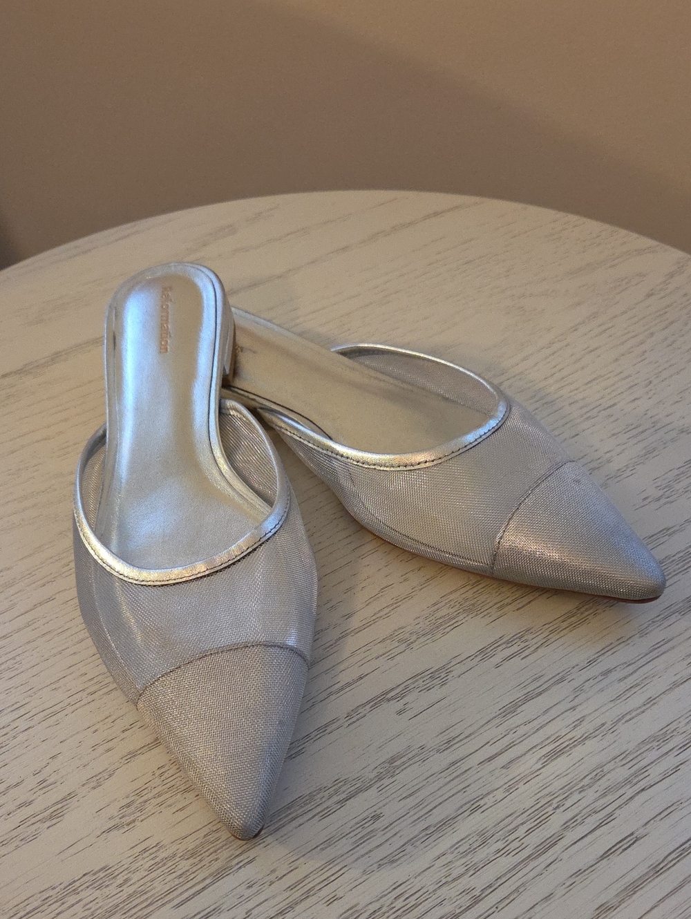 Reformation "Wesley" Pointed Toe Mesh Silver Slides